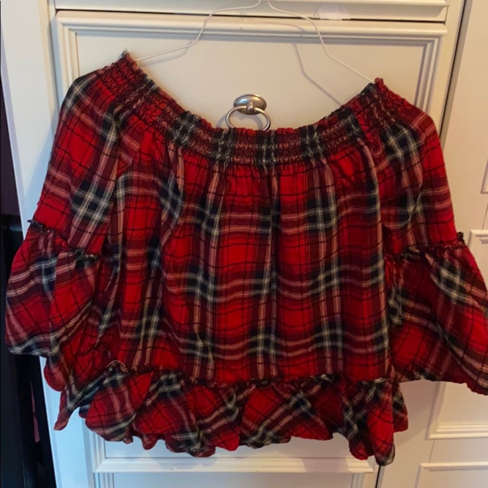 plaid off the shoulder top